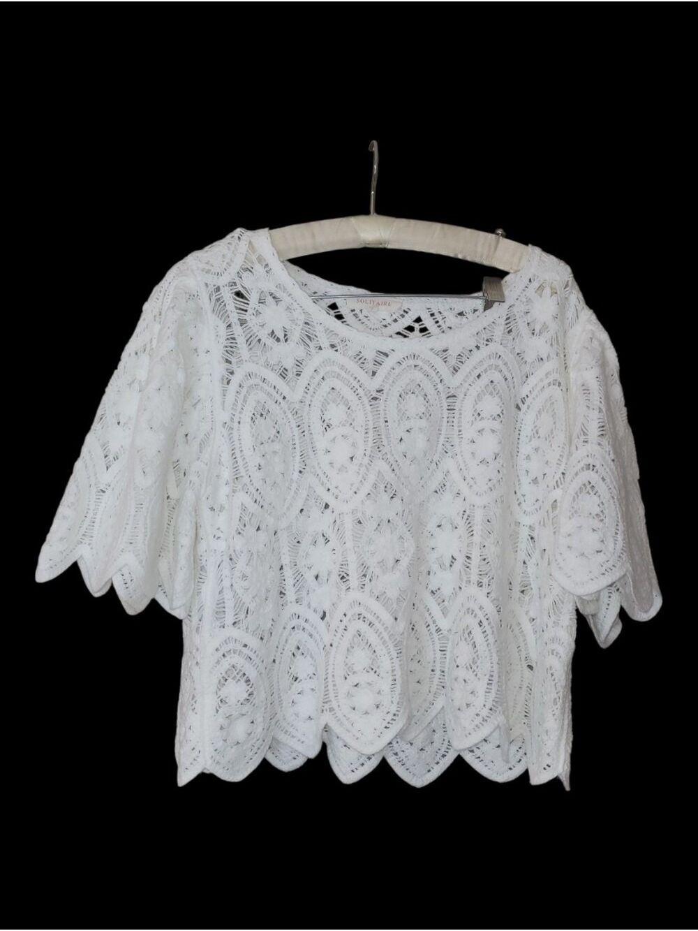 Boho Solitaire Crocheted Scalloped Edge Short Sleeved Top M
